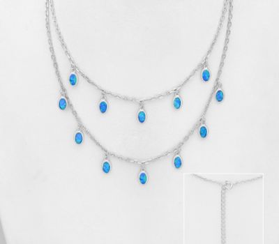 925 Sterling Silver Layered Necklace Decorated With Lab-Created Opal