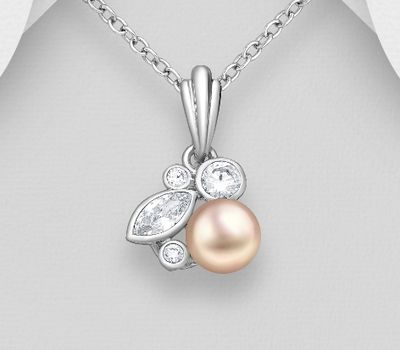 925 Sterling Silver Pendant, Decorated with Freshwater Pearl and CZ Simulated Diamonds