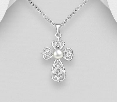 925 Sterling Silver Swirl Cross Pendant Decorated with Crystal Glass and Freshwater Pearl
