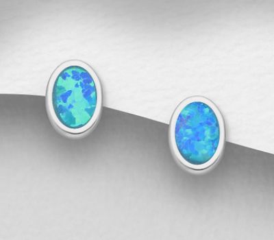 925 Sterling Silver Push-Back Earrings Decorated With Lab-Created Opal