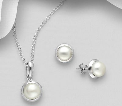 925 Sterling Silver Push-Back Earrings and Pendant Jewelry Set, Decorated With FreshWater Pearls