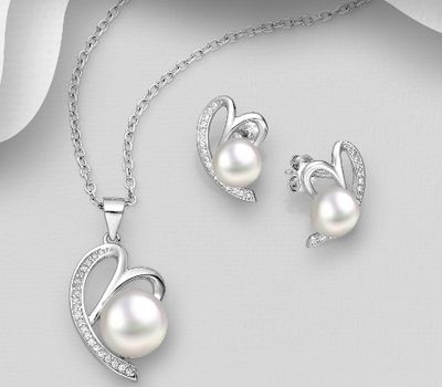 925 Sterling Silver Heart Push-Back Earrings and Pendant Jewelry Set, Decorated with Freshwater Pearl and CZ Simulated Diamonds