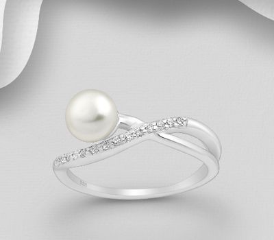 925 Sterling Silver Ring Decorated with Freshwater Pearl and CZ Simulated Diamonds