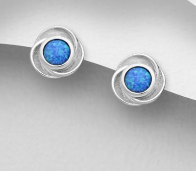 925 Sterling Silver Push-Back Earrings, Decorated with Lab-Created Opal