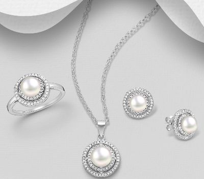 925 Sterling Silver Halo Push-Back Earrings, Ring and Pendant Jewelry Set, Decorated with CZ Simulated Diamonds and Freshwater Pearls