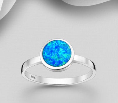925 Sterling Silver Circle Plate Band Ring Decorated with Lab-Created Opal