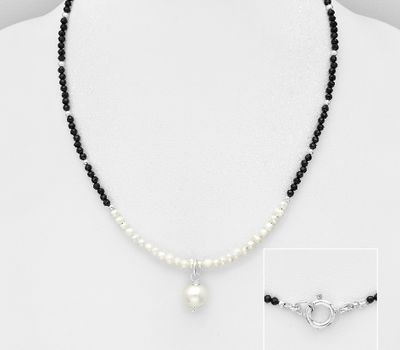 925 Sterling Silver Necklace, Beaded with Freshwater Pearls and Gemstone Beads