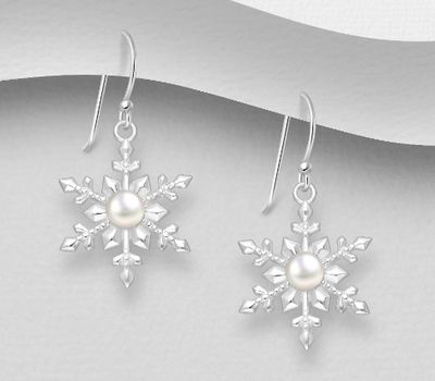 925 Sterling Silver Hook Snowflake Earrings, Decorated with Freshwater Pearls