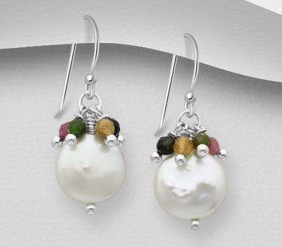 925 Sterling Silver Hook Earrings Beaded with Freshwater Pearls and Gemstone Beads