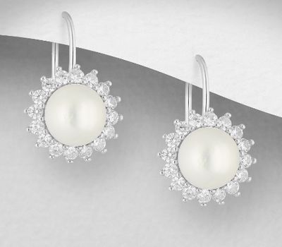 925 Sterling Silver Halo Lever Back Earrings, Decorated with CZ Simulated Diamonds and Freshwater Pearls