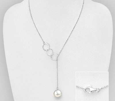 925 Sterling Silver Circle and Links Necklace, Beaded with Freshwater Pearl
