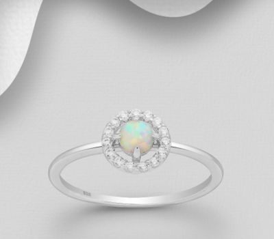 925 Sterling Silver Halo Ring, Decorated with CZ Simulated Diamonds and Lab-Created Opal