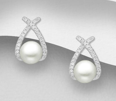 925 Sterling Silver Push-Back Earrings, Beaded with Freshwater Pearls and CZ Simulated Diamonds