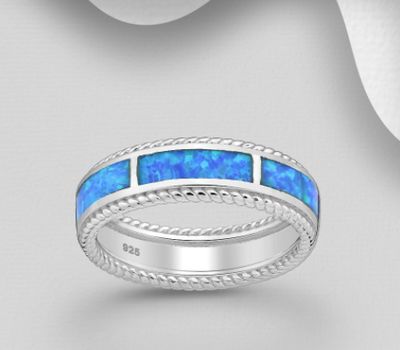 925 Sterling Silver Band Ring, Decorated with Lab-Created Opal