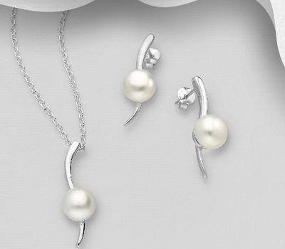 925 Sterling Silver Push-Back Earrings and Pendant Jewelry Set, Decorated With FreshWater Pearls