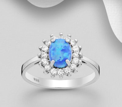 925 Sterling Silver Ring Decorated With CZ and Lab-Created Opal