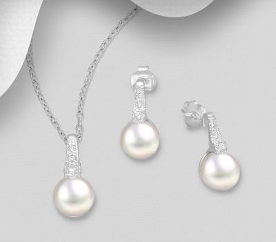 925 Sterling Silver Push-Back Earrings and Pendant Jewelry Set, Decorated with Freshwater Pearl and CZ Simulated Diamonds