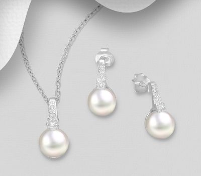 Şəkli böyütmək üçün tiklayın 925 Sterling Silver Push-Back Earrings and Pendant Jewelry Set, Decorated with Freshwater Pearl and CZ Simulated Diamonds