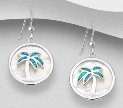 925 Sterling Silver Coconut Tree Hook Earrings Decorated With Lab-Created Opal & Shell