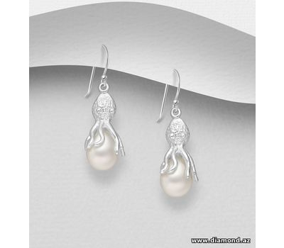 925 Sterling Silver Octopus Hook Earrings Decorated with Freshwater Pearls