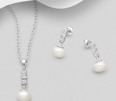 Şəkli böyütmək üçün tiklayın 925 Sterling Silver Push-Back Earrings and Pendant Jewelry Set, Decorated with Freshwater Pearls and CZ Simulated Diamonds