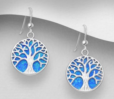 925 Sterling Silver Tree of Life Hook Earrings Decorated With Lab-Created Opal