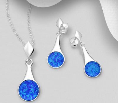 925 Sterling Silver Push-Back Earrings & Pendant Decorated With Lab-Created Opal