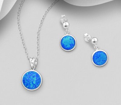 925 Sterling Silver Set of Push-Back Earrings And Pendant Decorated With Lab-Created Opal