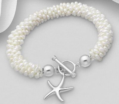925 Sterling Silver Starfish Bracelet Decorated With Fresh Water Pearls