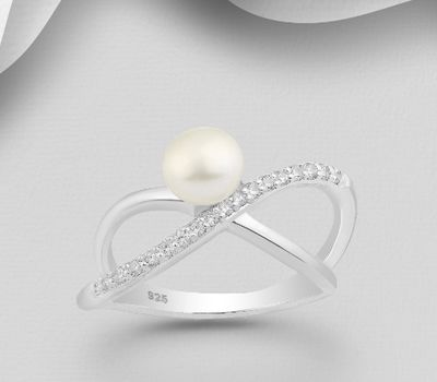 925 Sterling Silver Ring, Decorated with Freshwater Pearl and CZ Simulated Diamonds