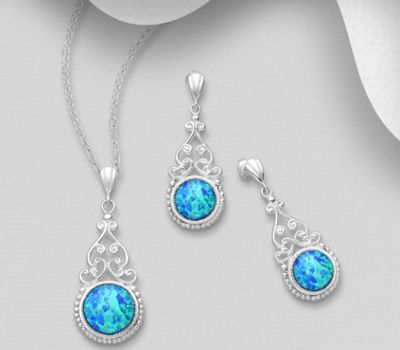 925 Sterling Silver Swirl Push-Back Earrings & Pendant Decorated With Lab-Created Opal
