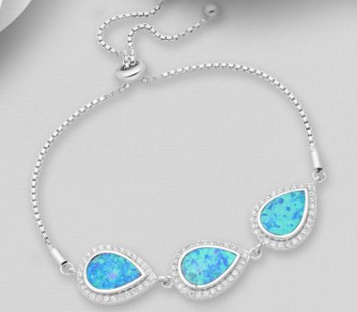 925 Sterling Silver Bracelet Decorated With  Lab-Created Opal And CZ