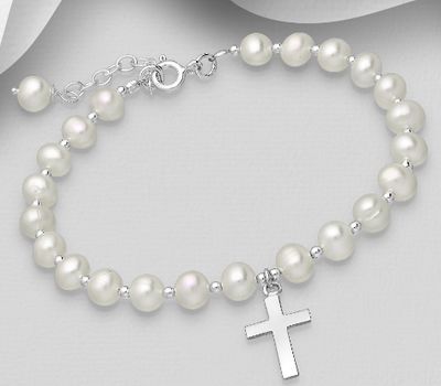 Fresh Water Pearls Bracelet with 925 Sterling Silver elements and Cross Charm