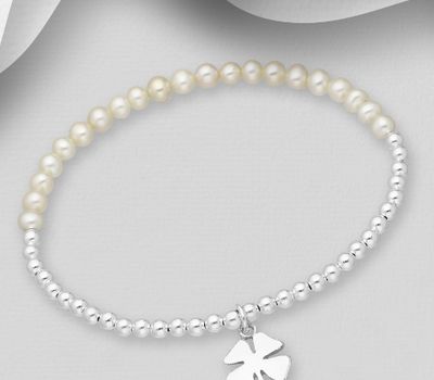 925 Sterling Silver Ball and Clover Bracelet, Beaded with Freshwater Pearls