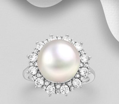 925 Sterling Silver Halo Ring, Decorated with Freshwater Pearl and CZ Simulated Diamonds