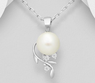 925 Sterling Silver Leaf Pendant Decorated With Fresh Water Pearl And CZ