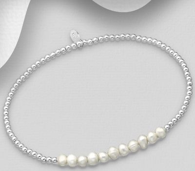 925 Sterling Silver Stretch Bracelet Beaded With Fresh Water Pearls
