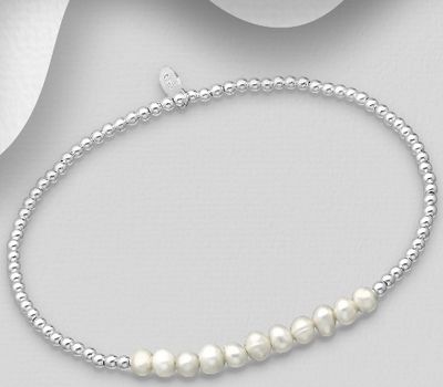 Şəkli böyütmək üçün tiklayın 925 Sterling Silver Stretch Bracelet Beaded With Fresh Water Pearls