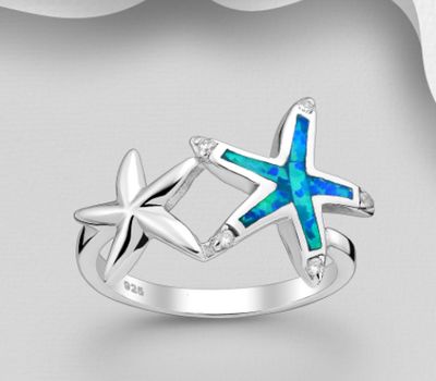 925 Sterling Silver Starfish Ring Decorated With CZ and Lab-Created Opal