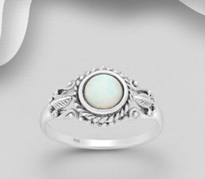 Şəkli böyütmək üçün tiklayın 925 Sterling Silver Leaf Ring, Decorated With Lab-Created Opal