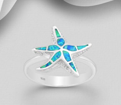 925 Sterling Silver Starfish Ring Decorated With Lab-Created Opal