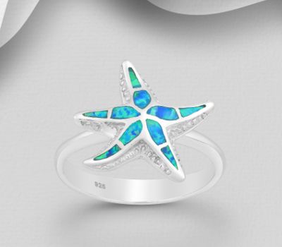 Şəkli böyütmək üçün tiklayın 925 Sterling Silver Starfish Ring Decorated With Lab-Created Opal