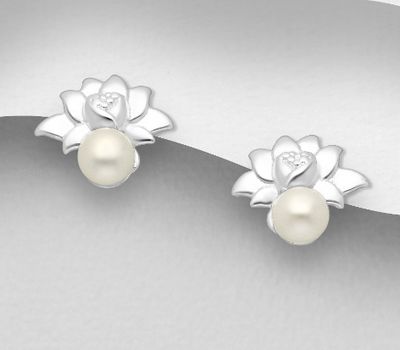 925 Sterling Silver Lotus Push-Back Earrings, Decorated with Freshwater Pearls
