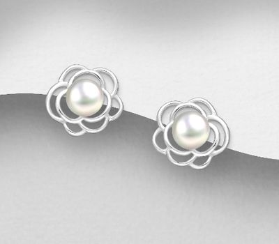 925 Sterling Silver Flower Push-Back Earrings, Decorated with Freshwater Pearls