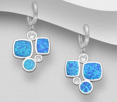Şəkli böyütmək üçün tiklayın 925 Sterling Silver Geometric Omega Lock Earrings Featuring Circle, Rectangle and Square. Decorated with CZ Simulated Diamonds and Lab-Created Opal
