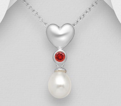 925 Sterling Silver Heart Pendant Decorated With CZ & Fresh Water Pearl