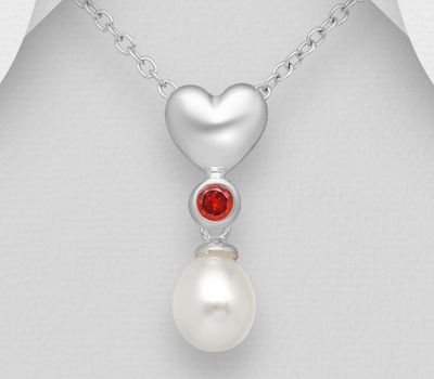 Şəkli böyütmək üçün tiklayın 925 Sterling Silver Heart Pendant Decorated With CZ & Fresh Water Pearl