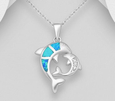 925 Sterling Silver Dolphin Pendant Decorated With CZ and Lab-Created Opal