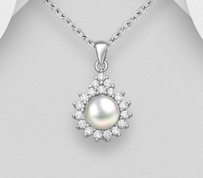 925 Sterling Silver Halo Pendant, Decorated with Freshwater Pearl and CZ Simulated Diamonds