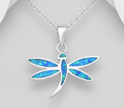 925 Sterling Silver Dragonfly Pendant Decorated with Lab-Created Opal